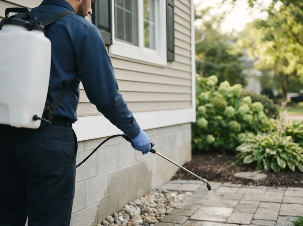 Pest control technician inspecting a home in Michigan City, MS